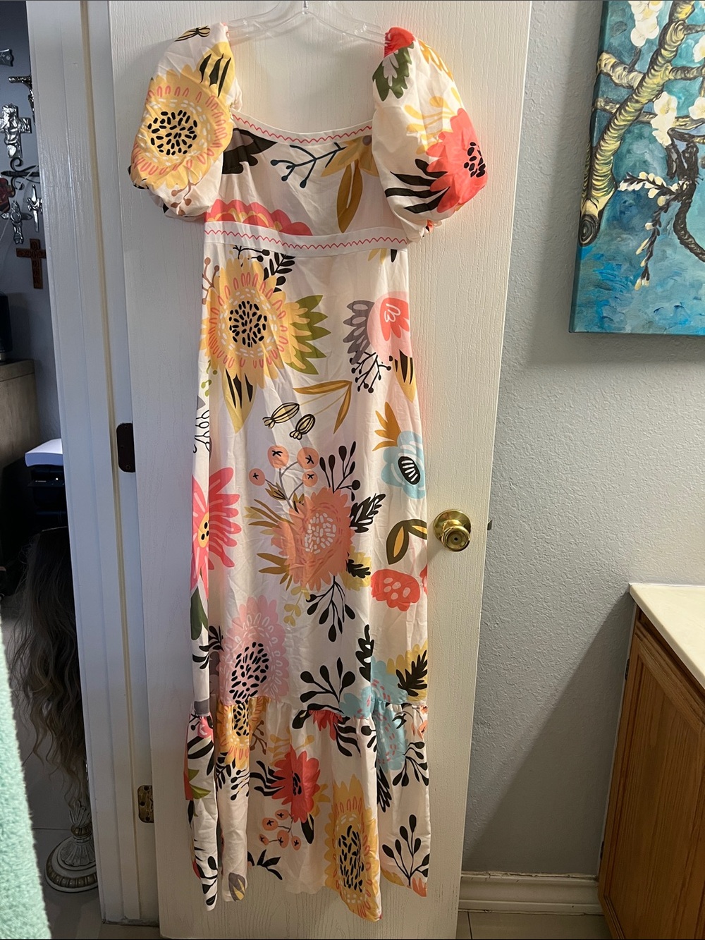 Floral Puff-Sleeve Maxi Dress in Pastel Pink